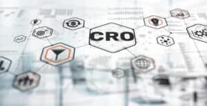 Abstract digital graphic showing interconnected hexagons with icons and the central term 'CRO' (Conversion Rate Optimization), representing digital marketing and optimization concepts in a tech-style interface.