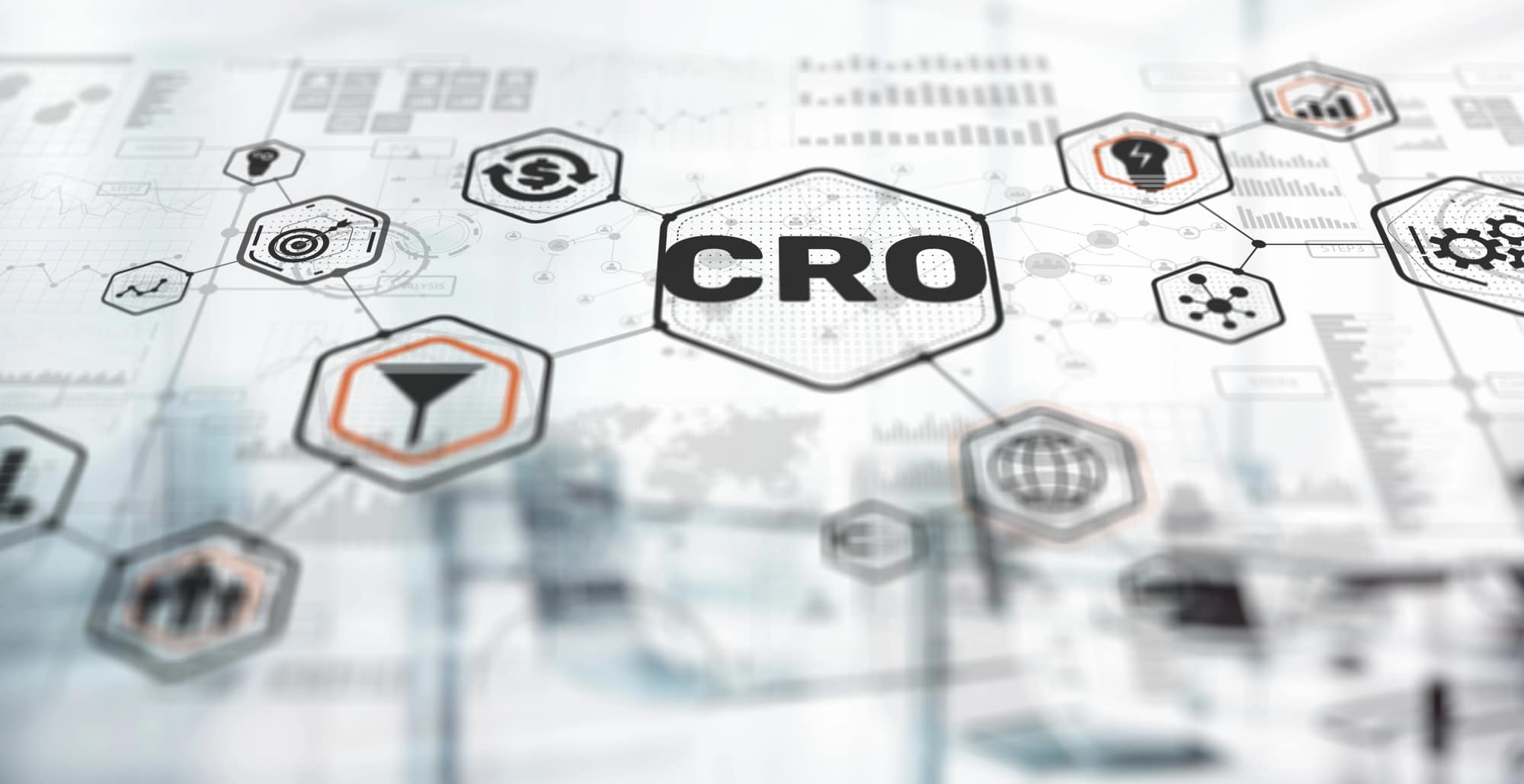 Abstract digital graphic showing interconnected hexagons with icons and the central term 'CRO' (Conversion Rate Optimization), representing digital marketing and optimization concepts in a tech-style interface.